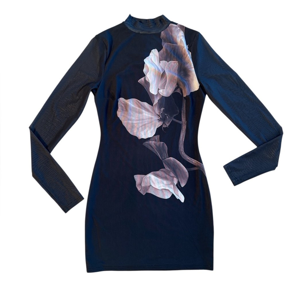 LDB13 Black with white floral accents long sleeve dress size small